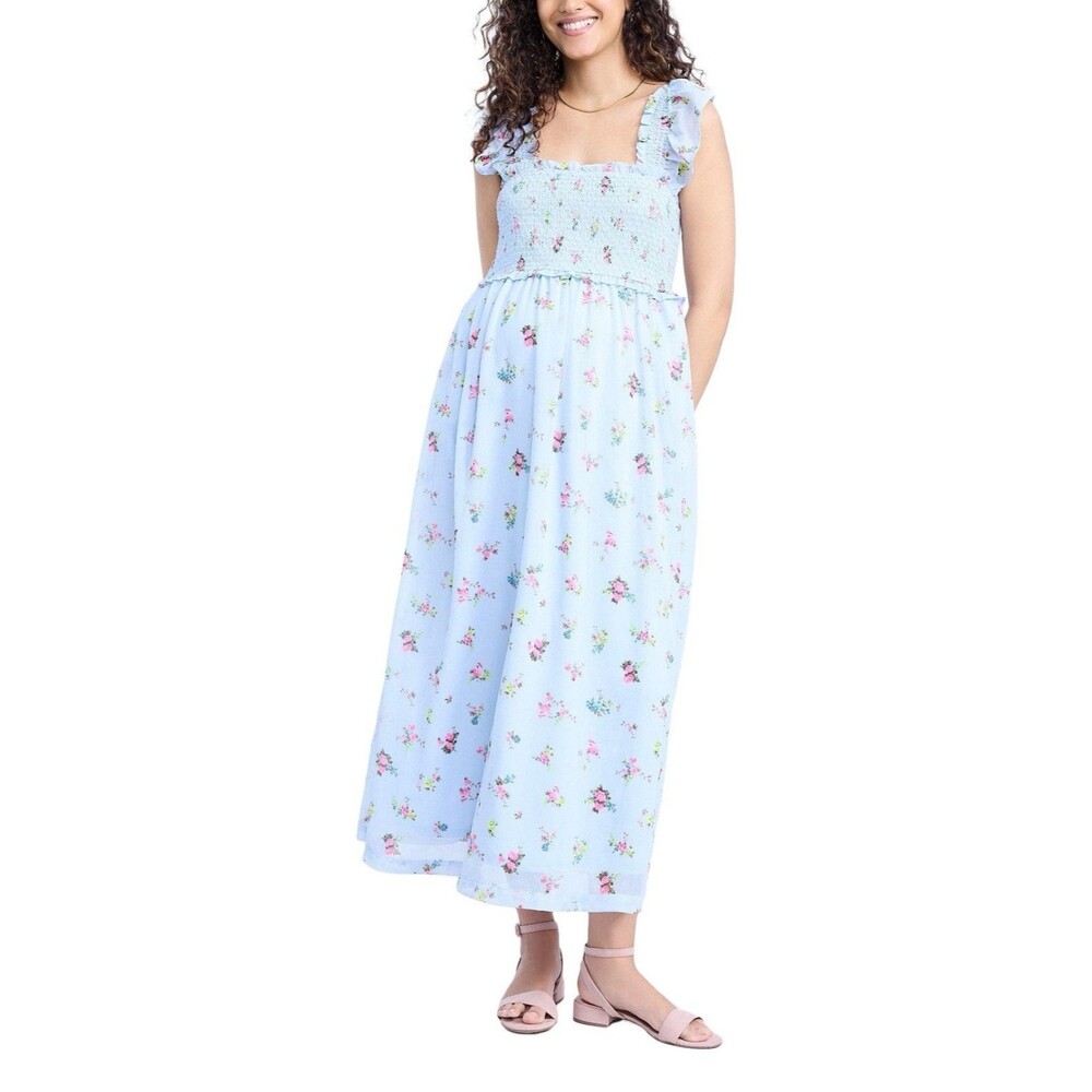 Motherhood Maternity Sleeveless Smocked Floral Maxi Dress Blue- Size L